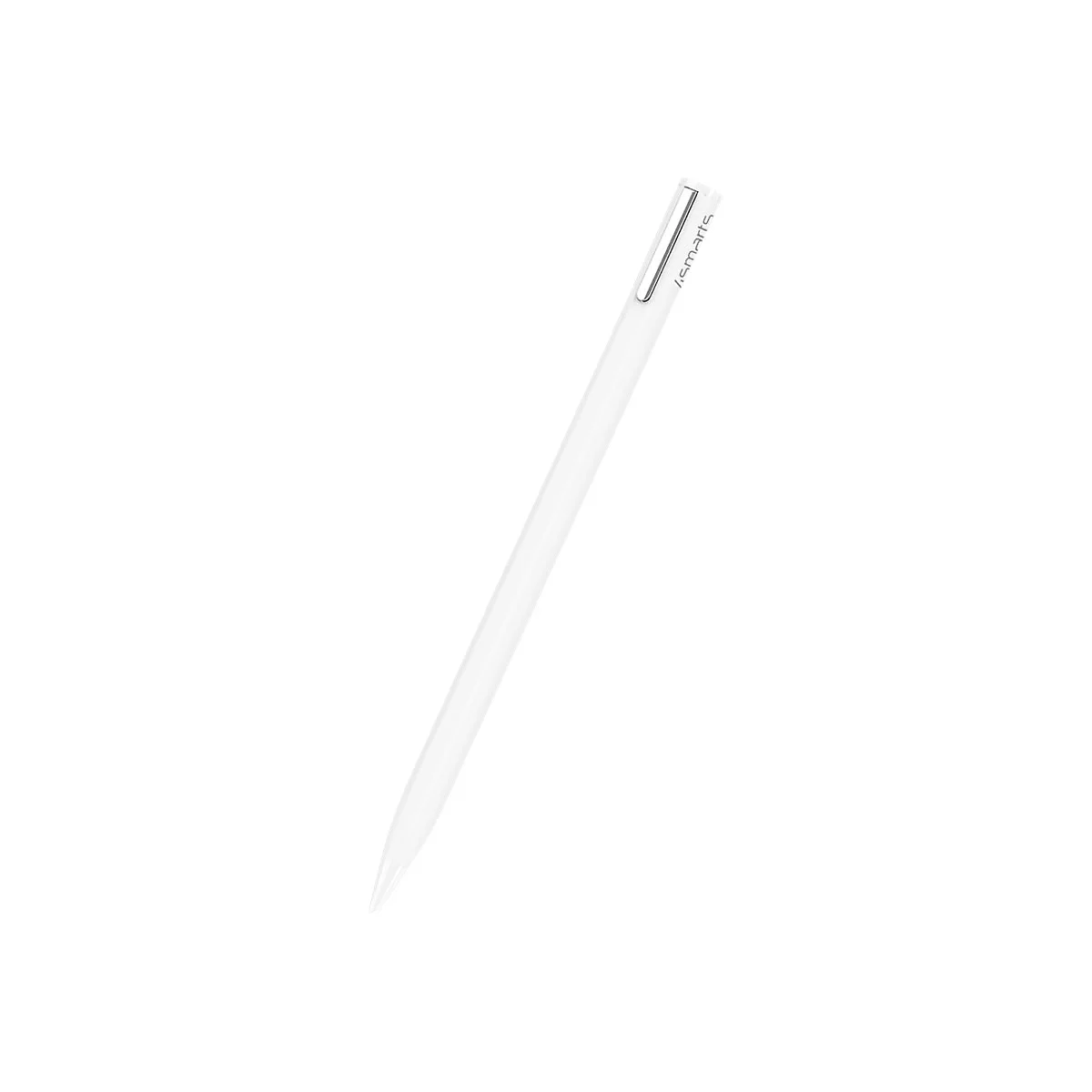 Ein weißer, schlanker Eingabestift mit silbernem Clip und der Aufschrift ismarts vor weißem Hintergrund.
