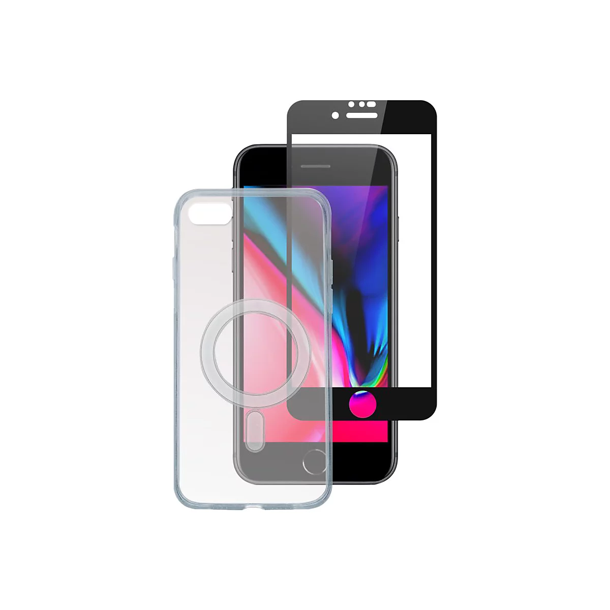 Transparentes MagSafe Handy-Case mit schwarzem Displayschutzglas vor einem Smartphone.
