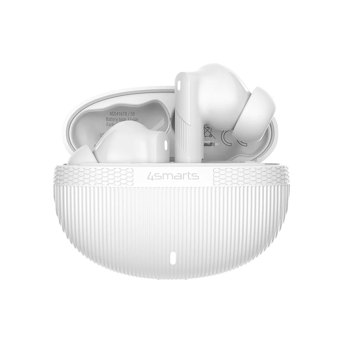 Weiße 4smarts In-Ear-Kopfhörer in einem halb geöffneten, geriffelten Ladecase vor weißem Hintergrund.