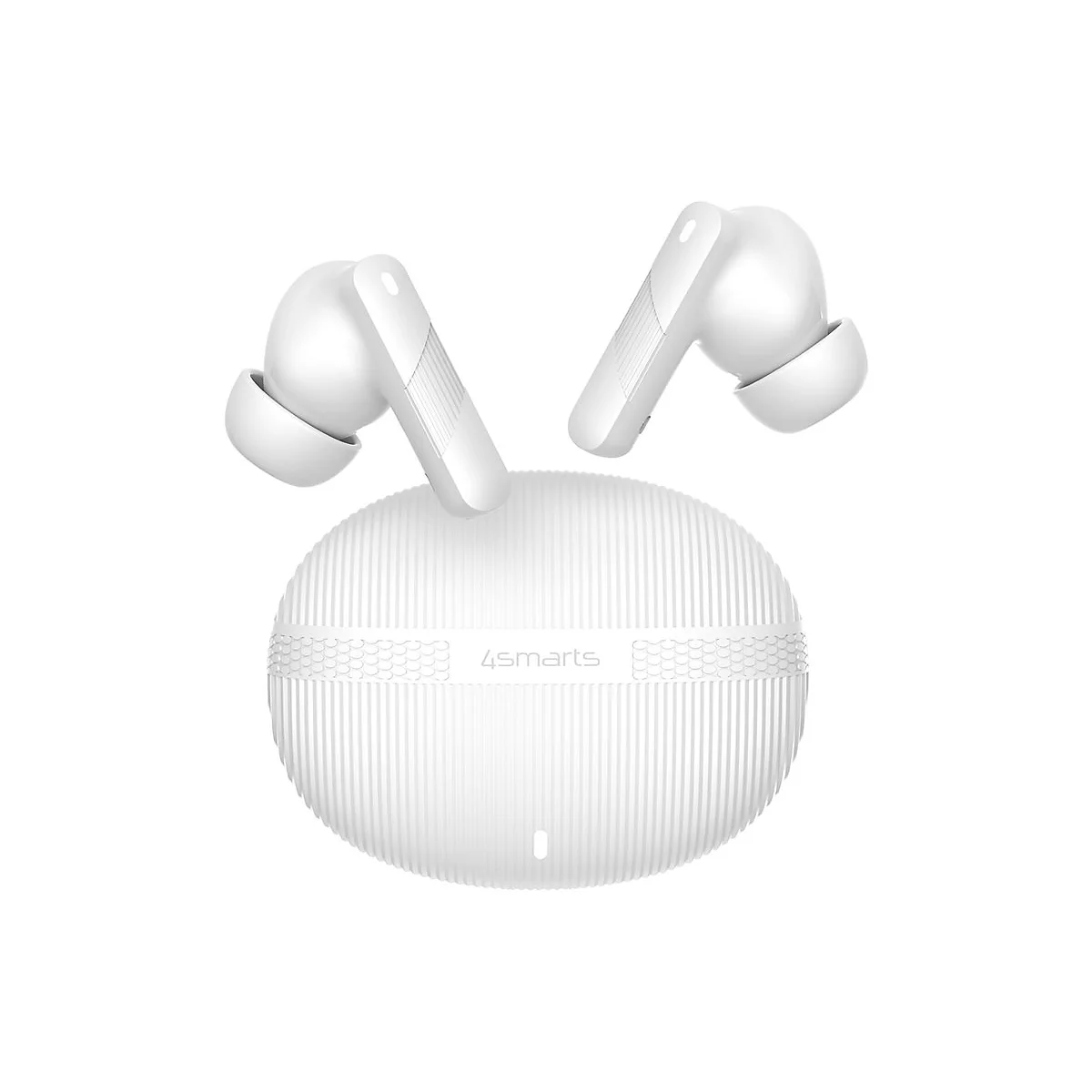 Weiße 4smarts In-Ear-Kopfhörer mit Ladecase vor weißem Hintergrund.