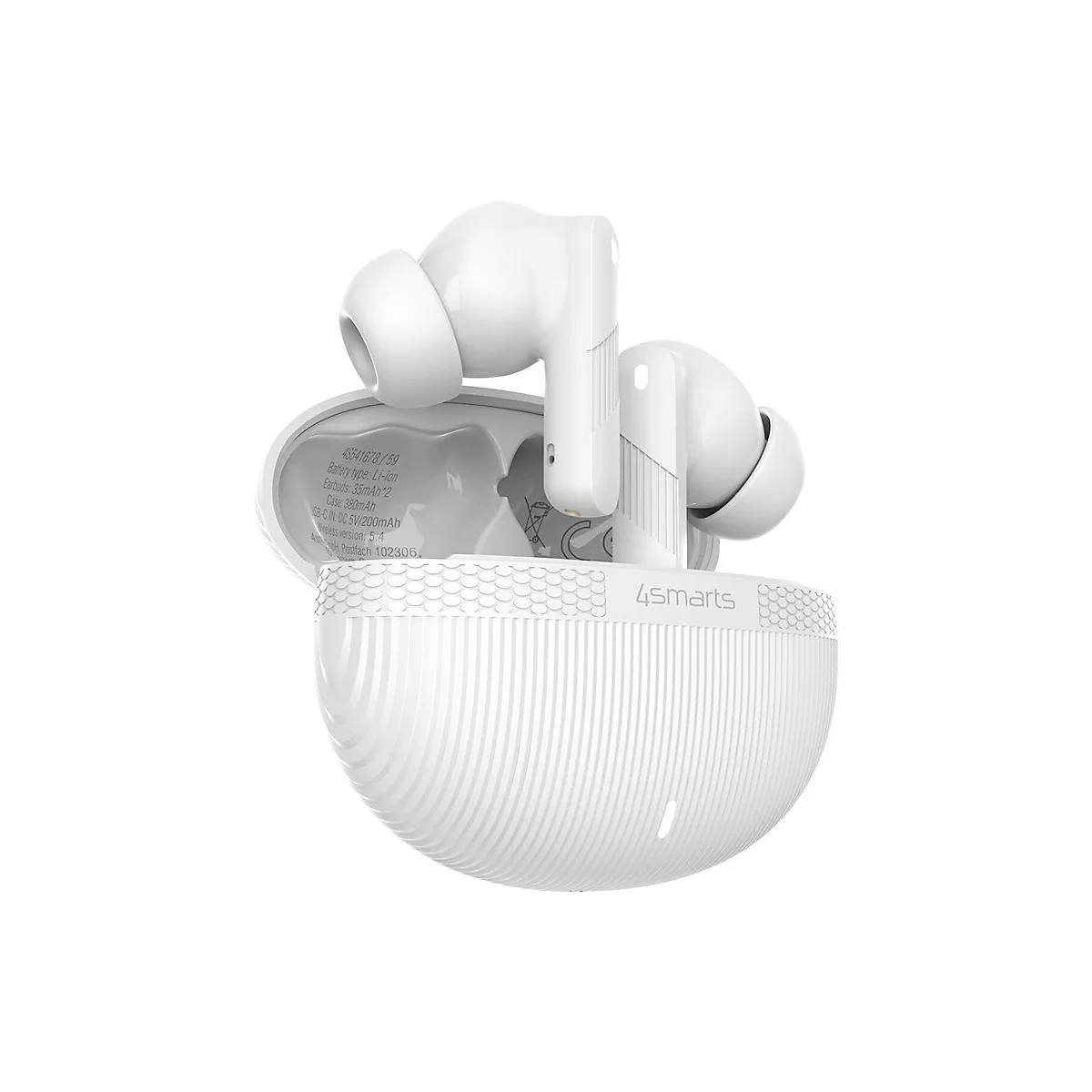 Weiße 4smarts In-Ear-Kopfhörer mit Ladecase vor weißem Hintergrund.