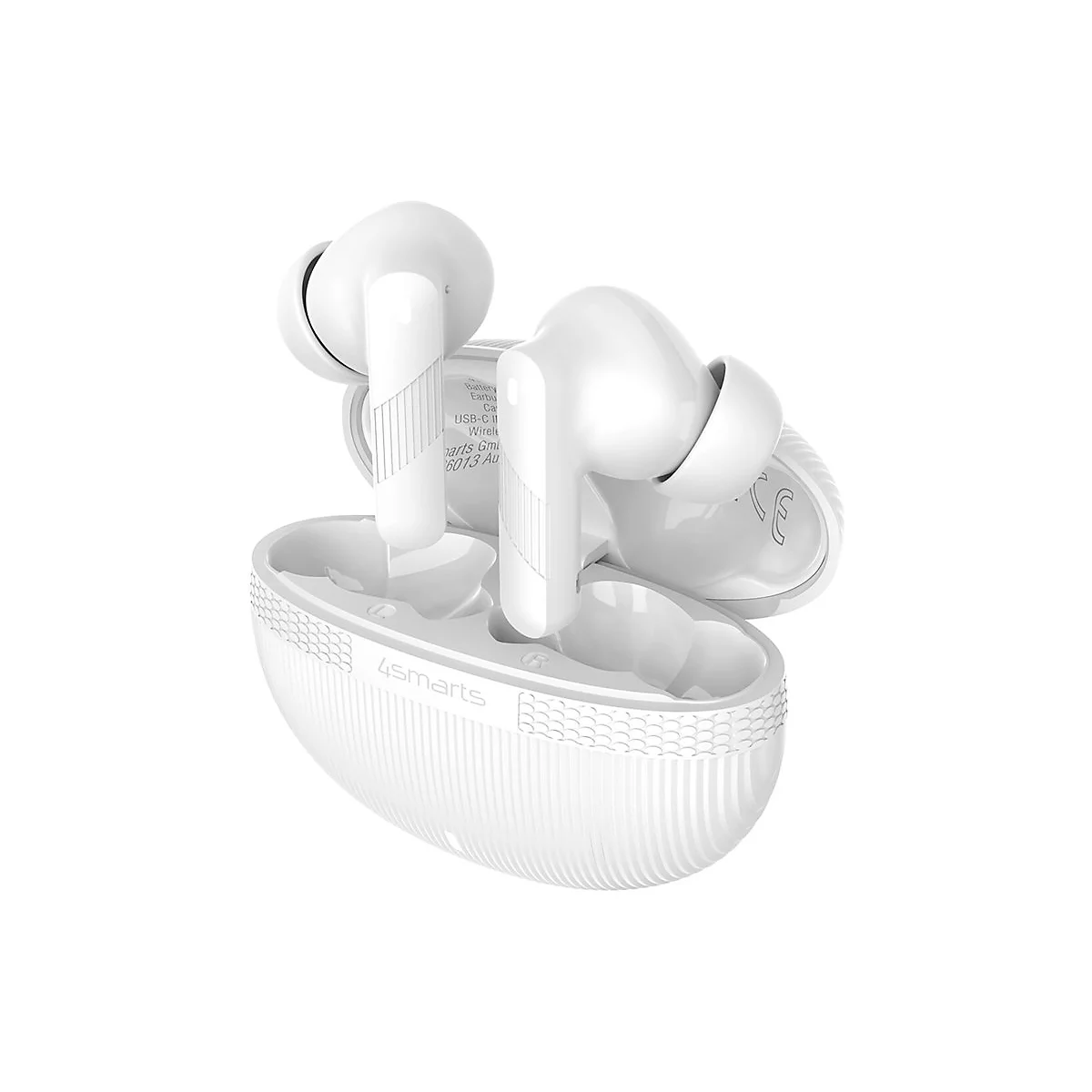 Weiße 4smarts In-Ear-Kopfhörer mit Ladecase vor weißem Hintergrund.