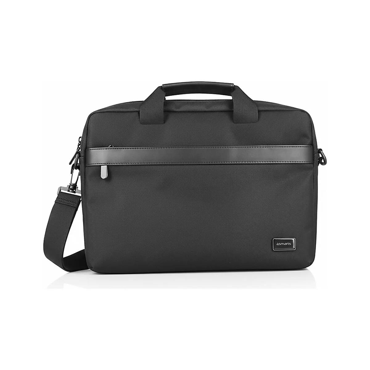 Schwarze Laptoptasche von 4smarts mit Tragegriff und Schultergurt vor weißem Hintergrund.