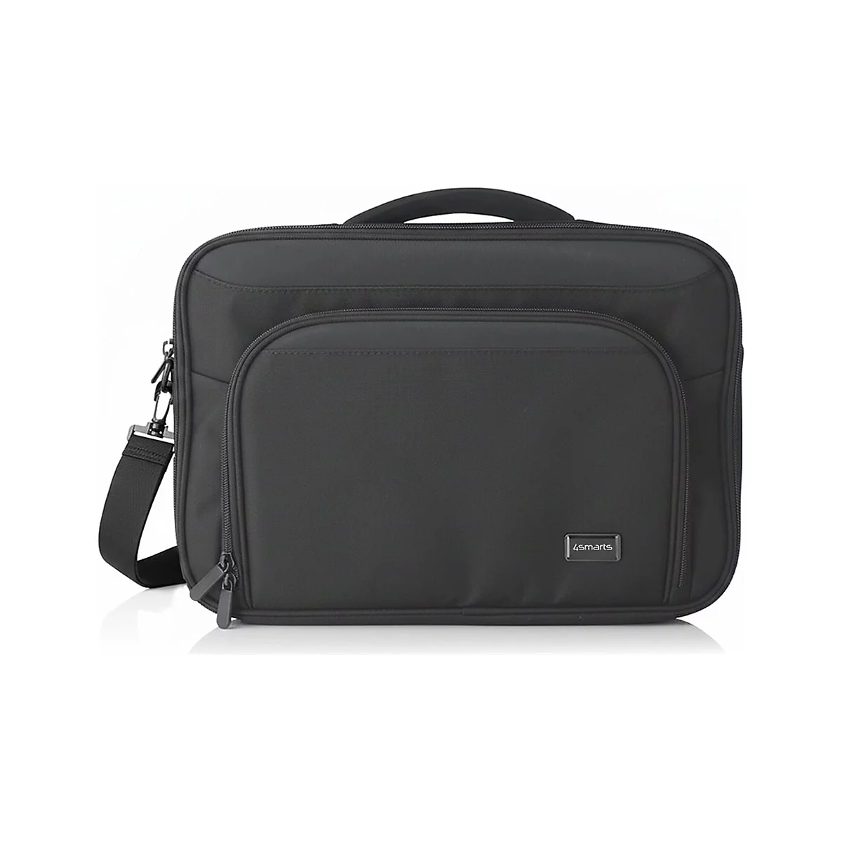 Schwarze 4smarts Laptoptasche mit Tragegriff, Schultergurt und Reißverschlussfächern vor neutralem Hintergrund.