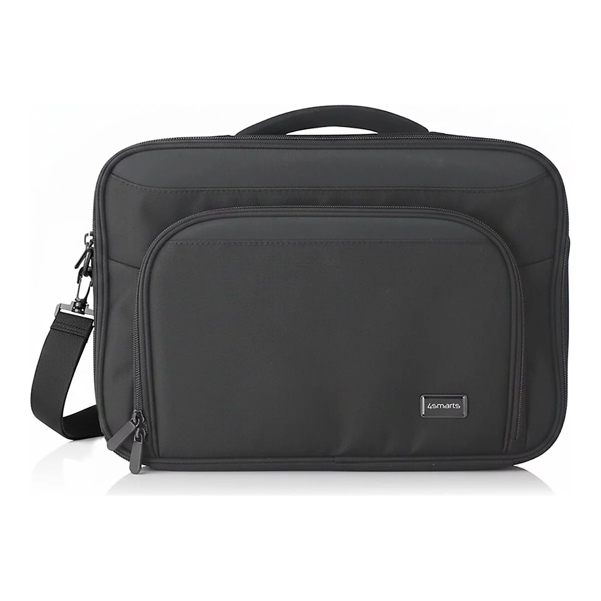 Schwarze 4smarts Laptoptasche mit Tragegriff und verstellbarem Schultergurt vor weißem Hintergrund.