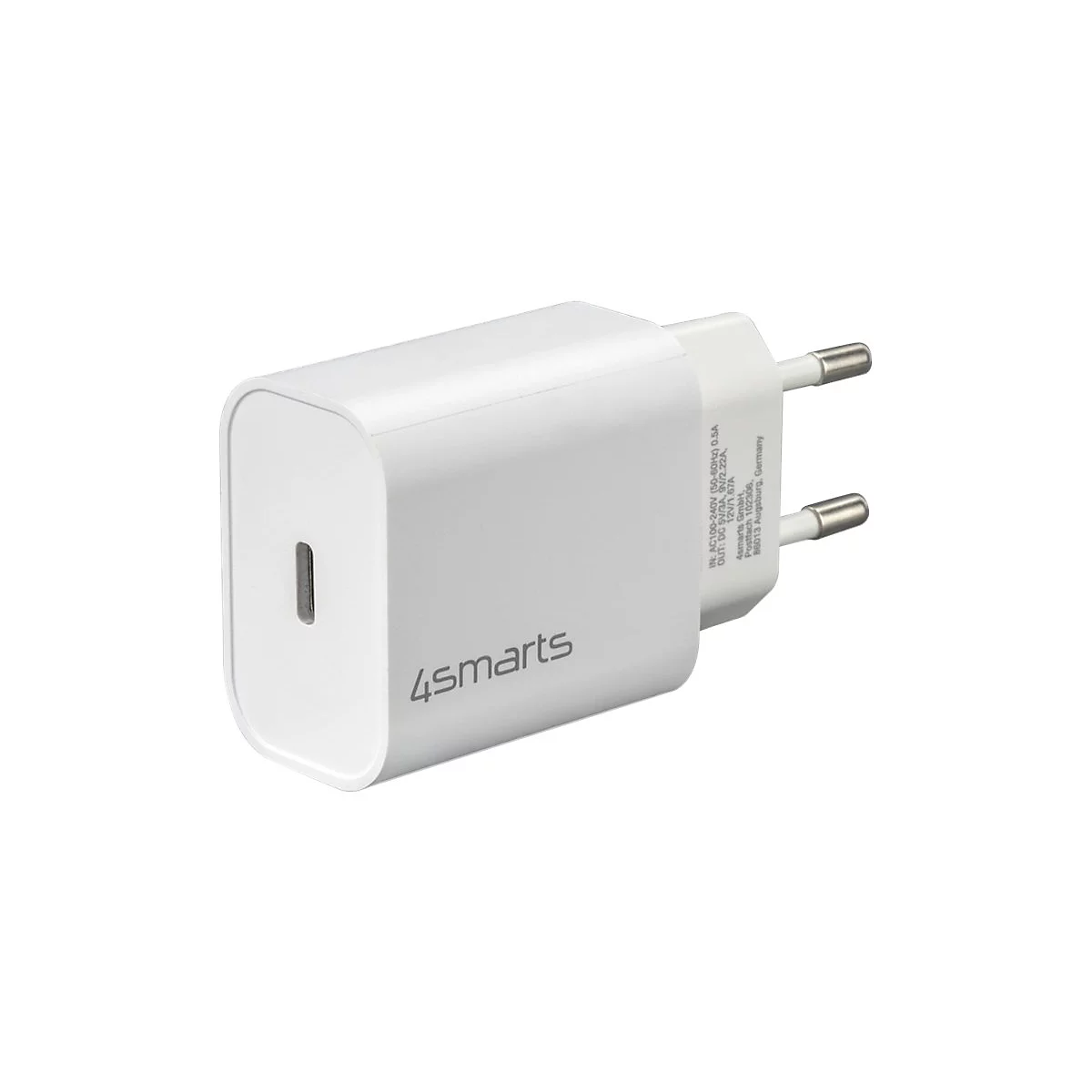 Weißes USB-C Netzteil von 4smarts mit EU-Stecker vor weißem Hintergrund.