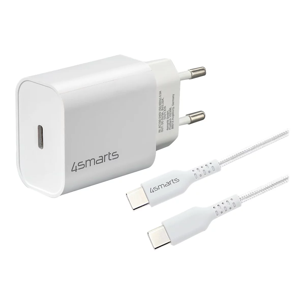 Weißes 4smarts USB-C Netzteil mit passendem USB-C Ladekabel vor neutralem Hintergrund.