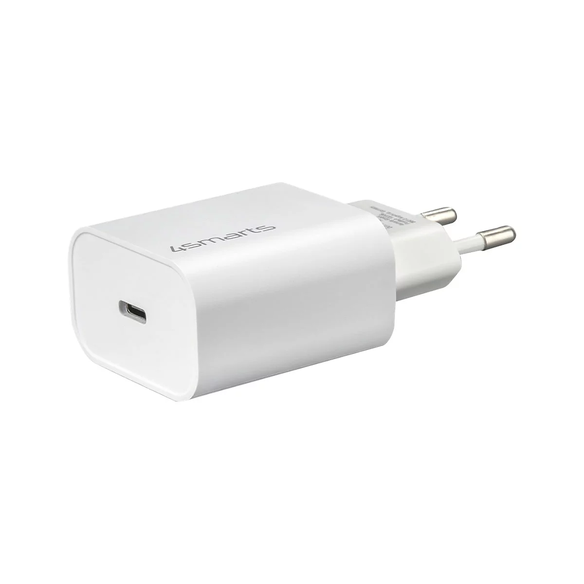 Weißer 4smarts USB-C Wandstecker mit EU-Stecker vor neutralem Hintergrund.