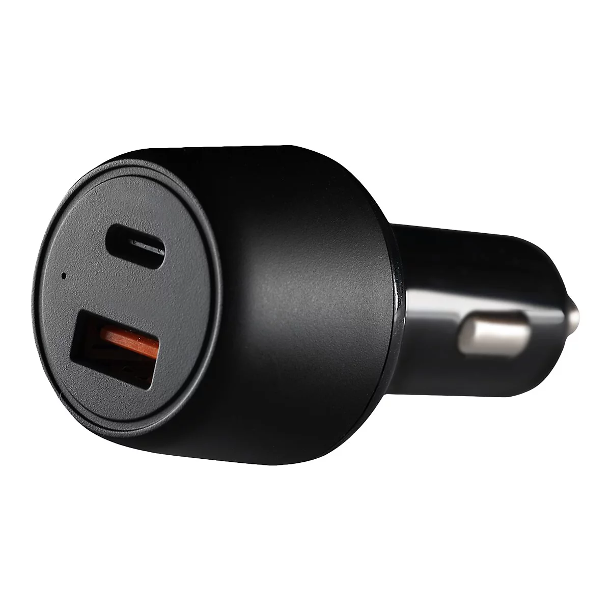 Schwarzes Auto-Ladegerät mit USB-C und USB-A Anschlüssen vor weißem Hintergrund.