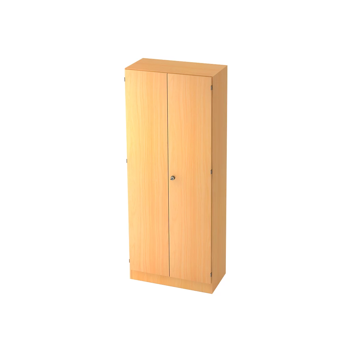 A tall cabinet made of light wood, with two doors and a small silver door handle in the middle.