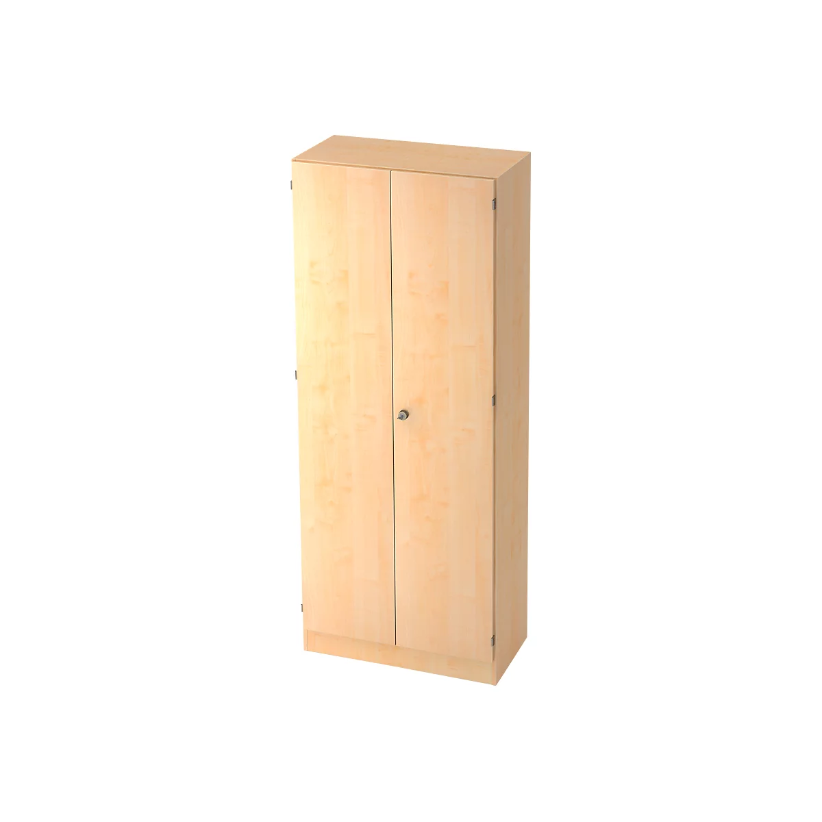 Tall wooden cabinet with two doors and a silver lock. The grain of the wood is clearly visible.