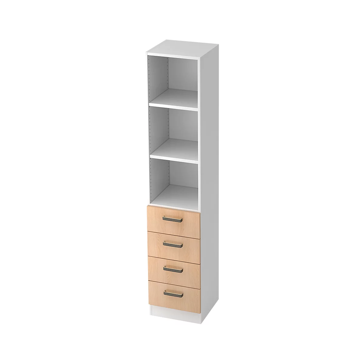 Tall white cabinet with four shelves and three light wood drawers. Black handles.