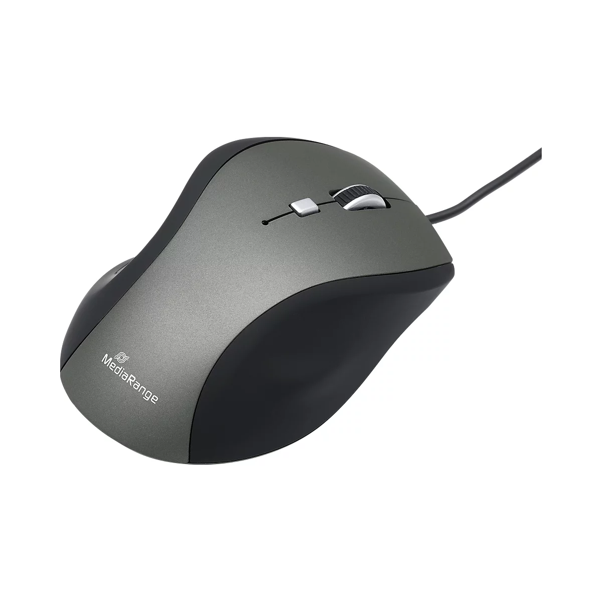 Wireless computer mouse, gray and black, with scroll wheel and logo.