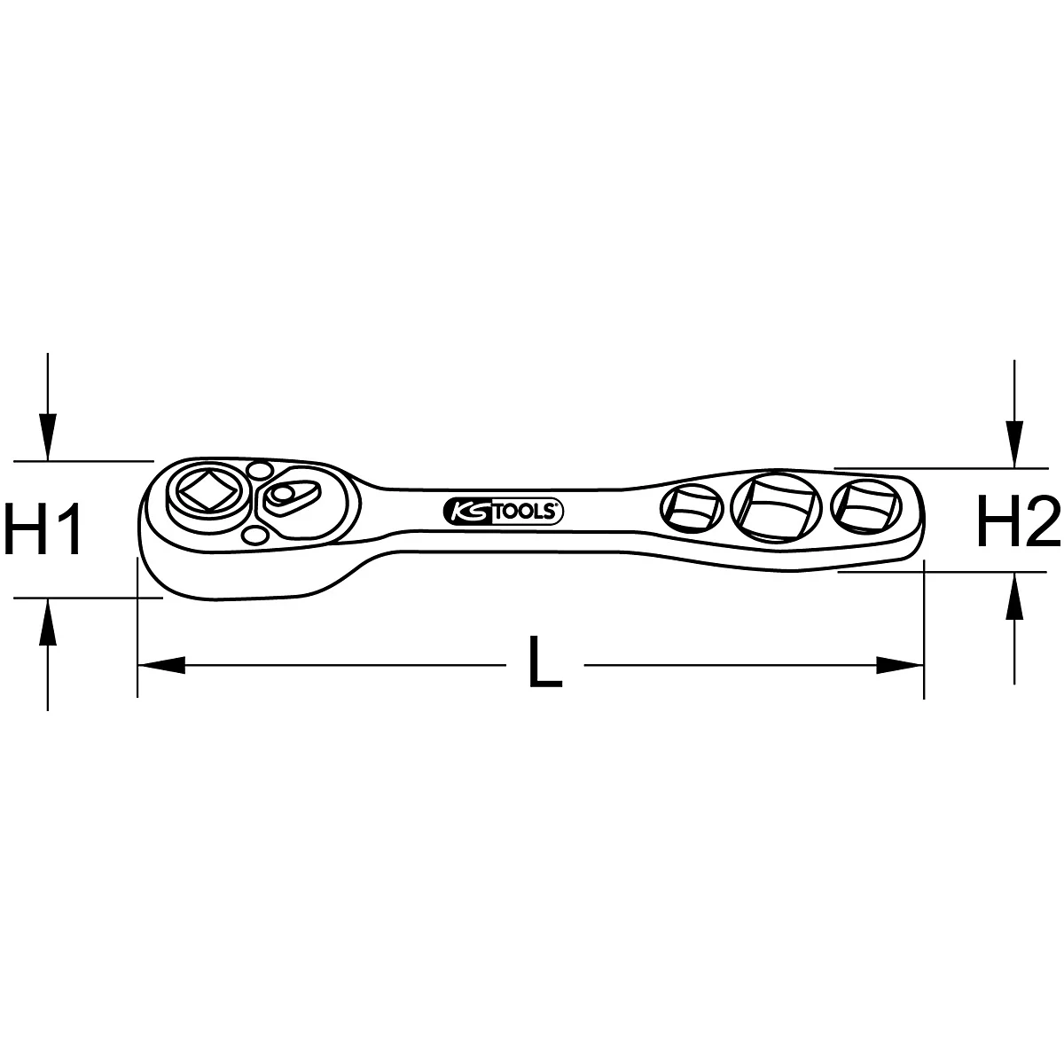 Zeichnung eines Werkzeugs, Ratsche, mit Maßangaben für Höhe und Länge.