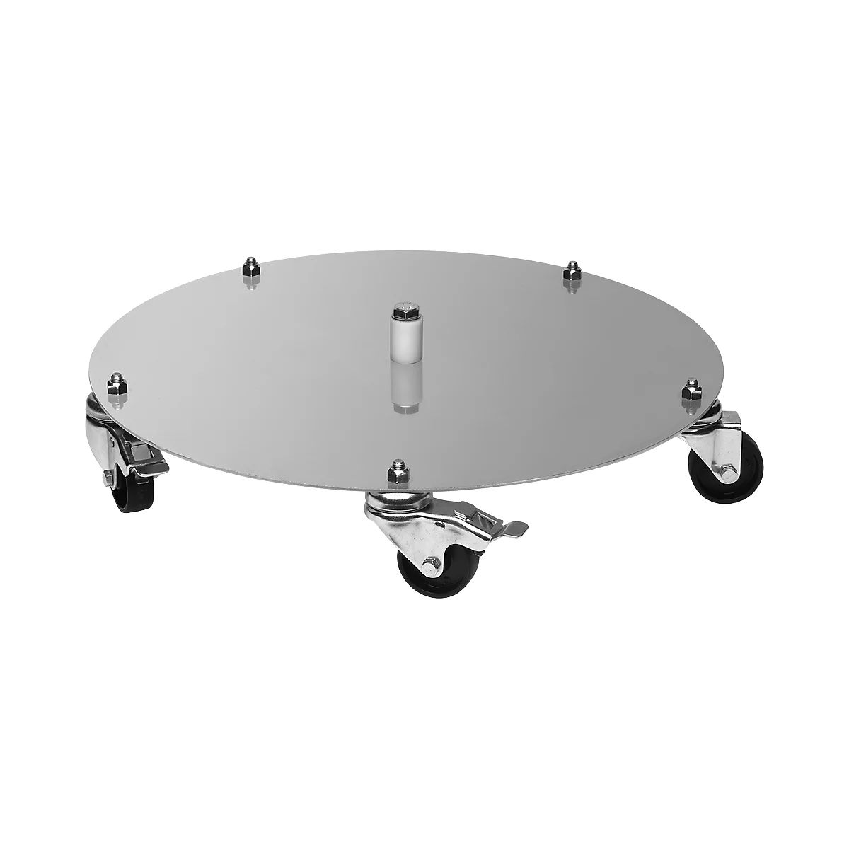 Round metal plate with six castors and a central stud, viewed from below.