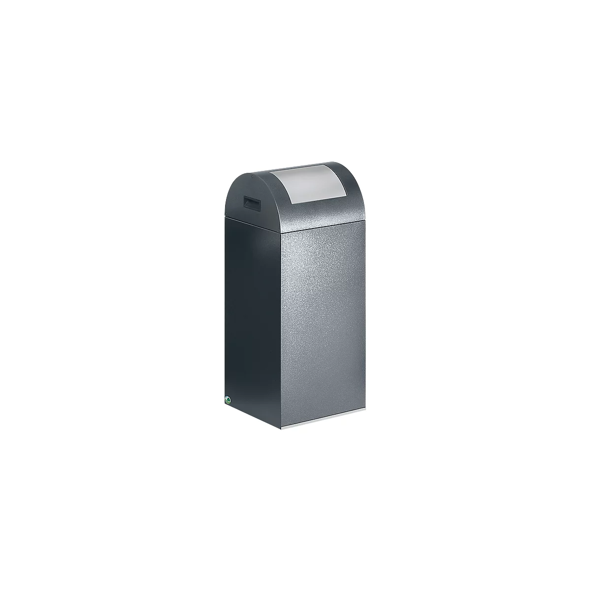 Gray rectangular trash can with rounded top, white opening at the top, handle and green button.