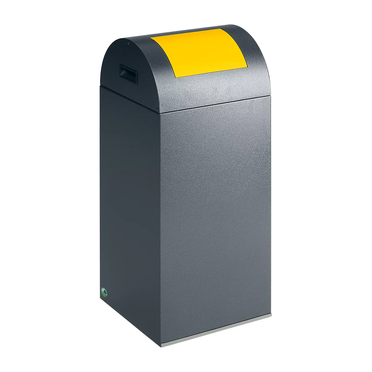 Gray, rectangular trash can with yellow lid. Top entry, rounded roof.