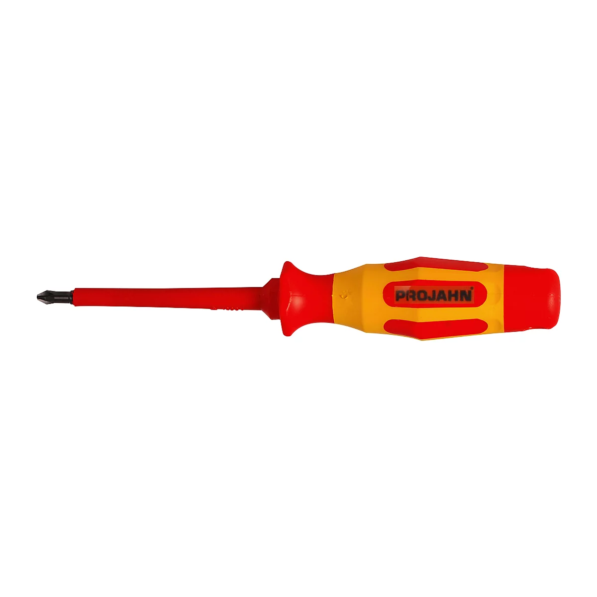 A screwdriver with a red shaft and a yellow and red handle. The handle has the inscription PROJAHN.