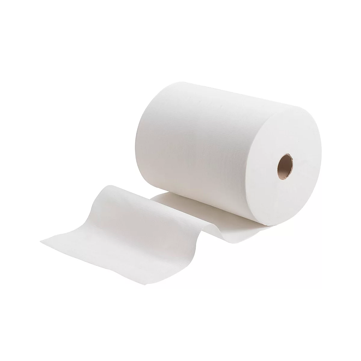 Grand rouleau de papier blanc, partiellement déroulé, sur fond neutre.