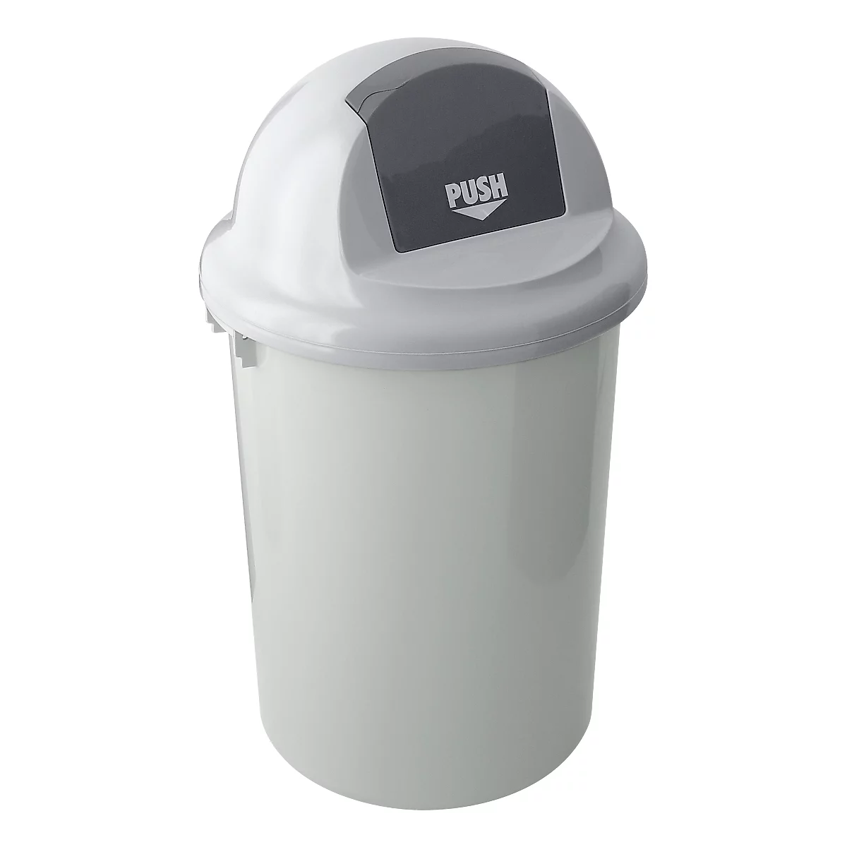 White trash can with gray lid. The lid says "PUSH" with an arrow.