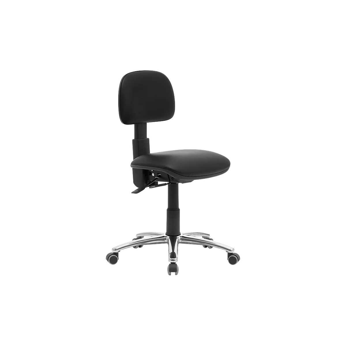 Black office chair with backrest, seat and chrome-plated base.