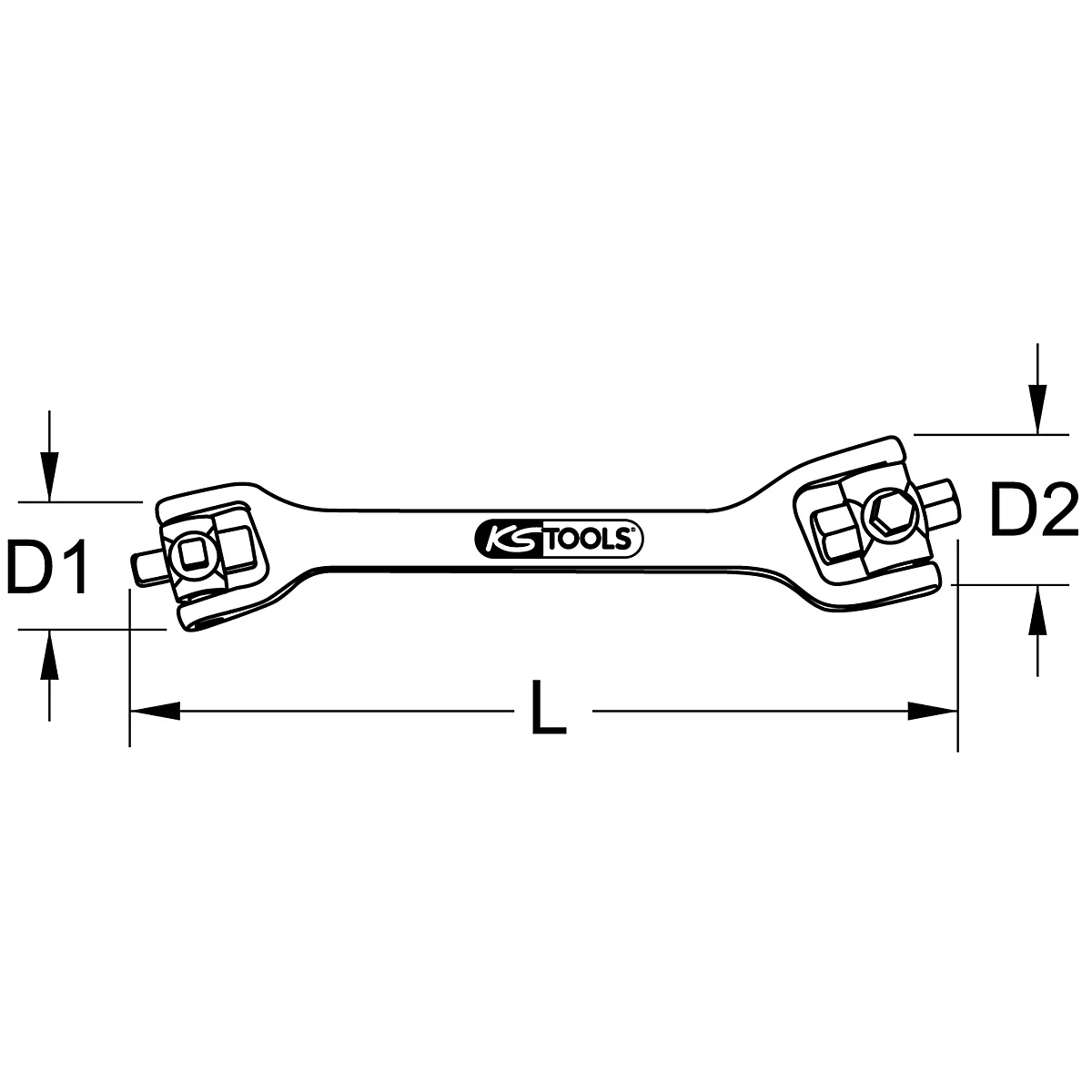 Zweifach-Schlüssel, schwarz-weiß. Mit KS TOOLS Logo, D1, D2 und L beschriftet.