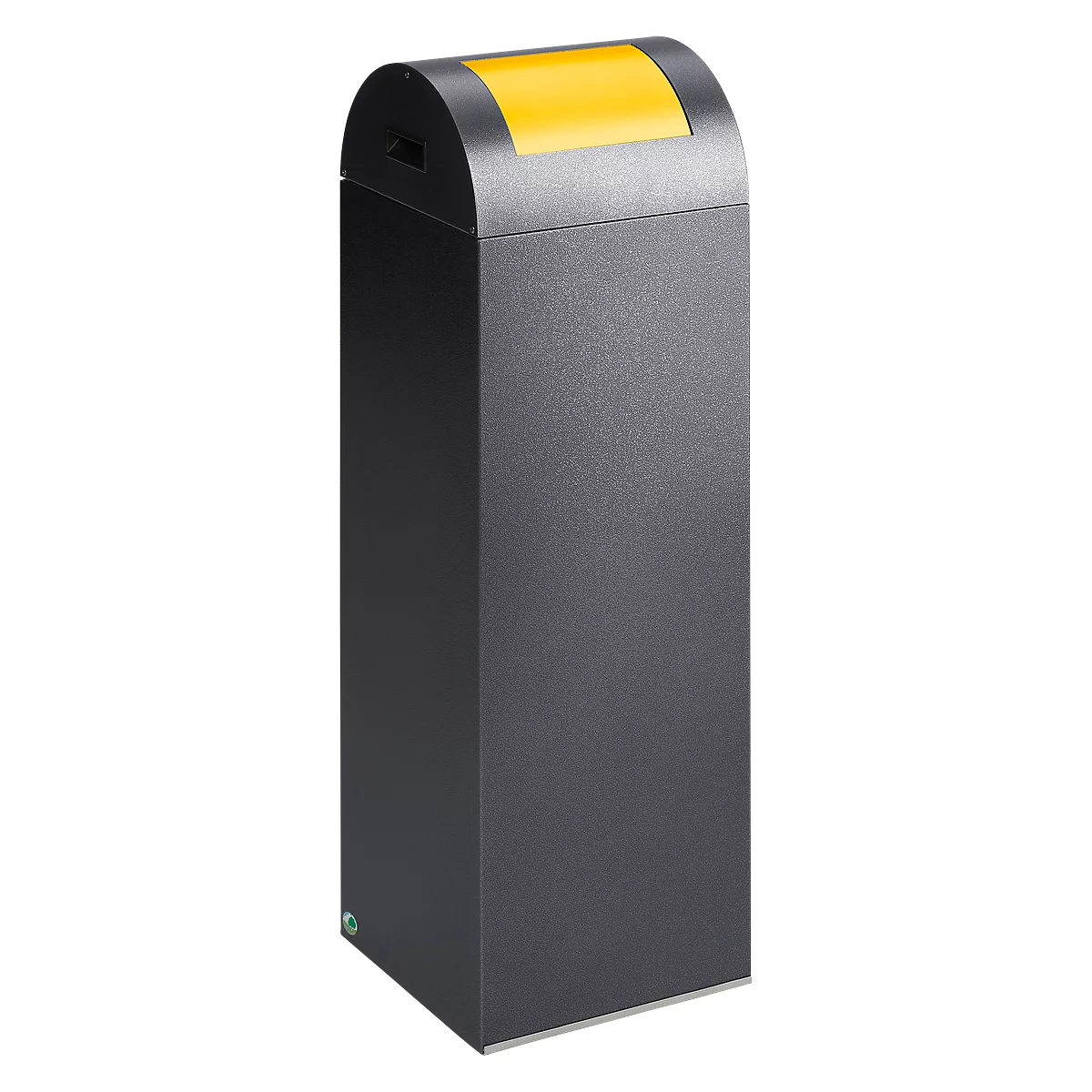 Black waste container with a yellow lid. Rounded top and simple design.