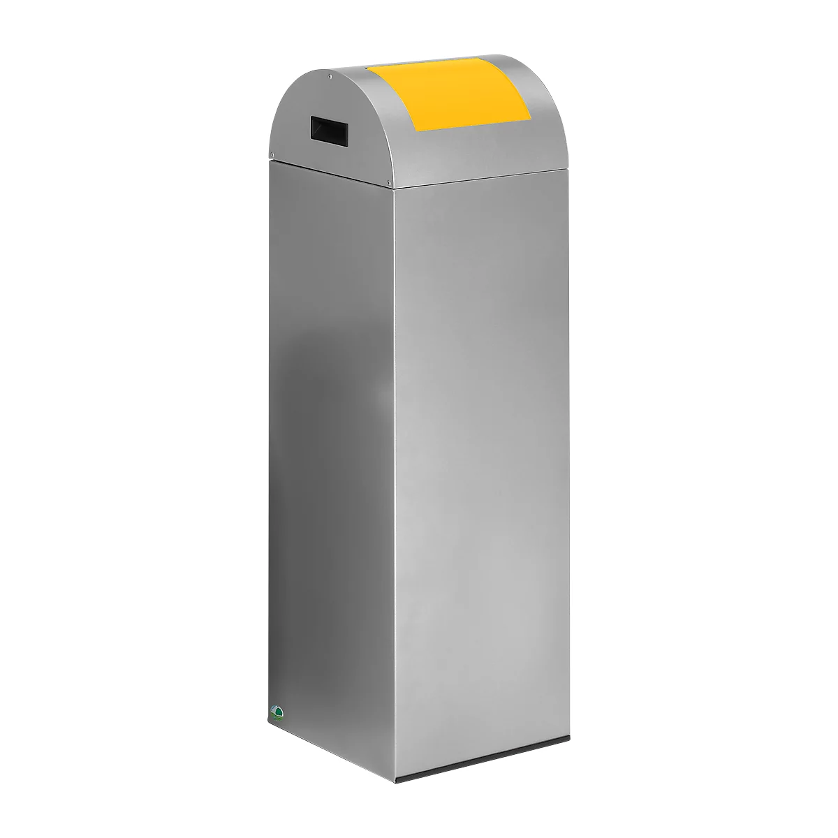 Grey, rectangular trash can with yellow top. There is a slot for inserting waste at the top.