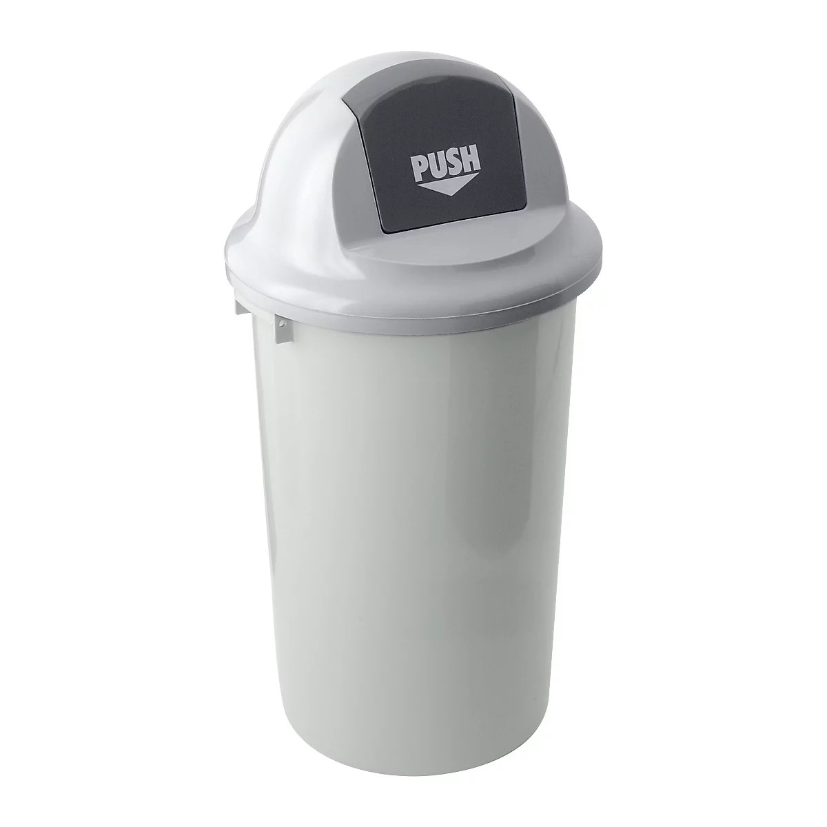 White trash can with gray lid and the word "PUSH".