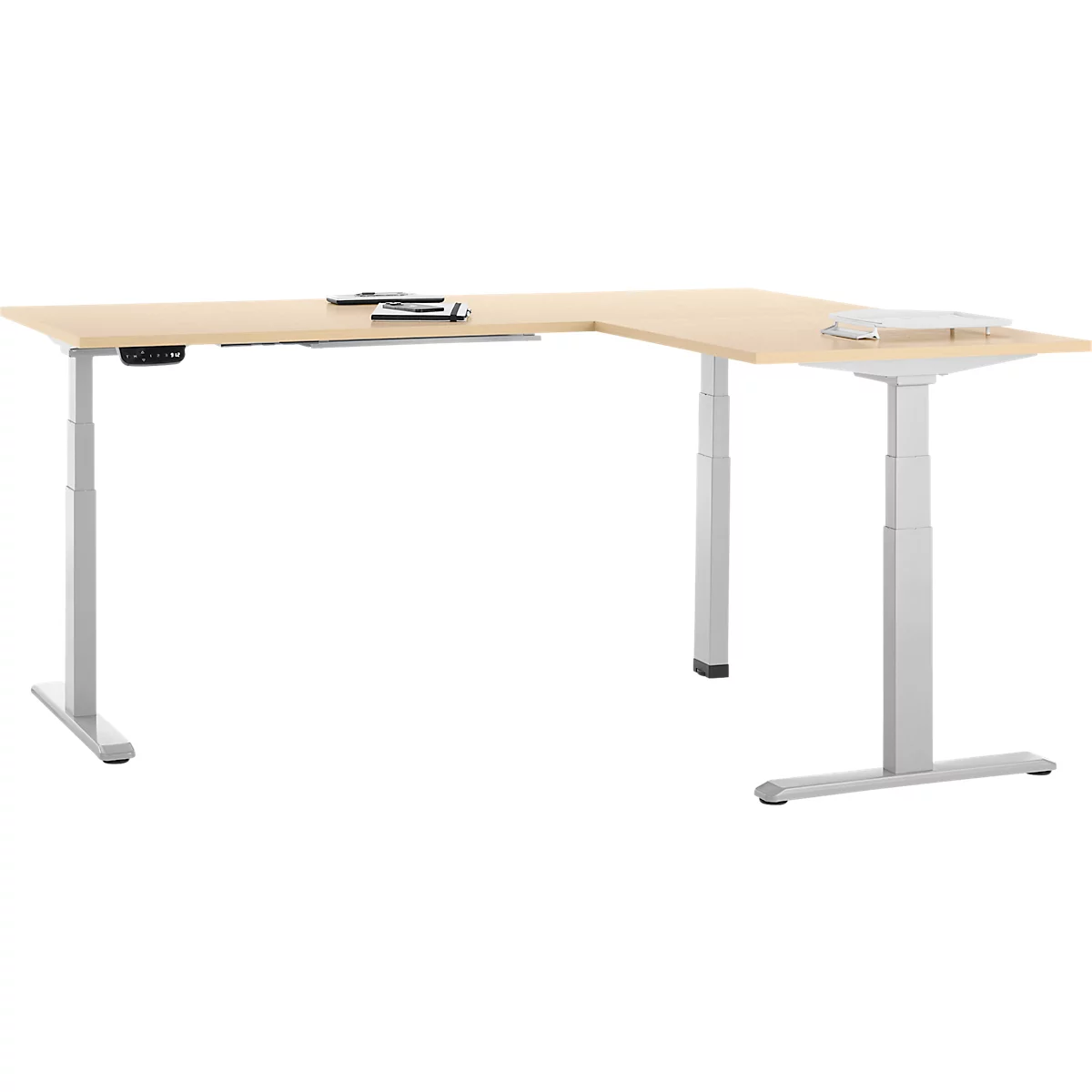 90° Winkeltisch, elektrisch höhenverstellbar, 3-Motoren-Technik, bis 150 kg, T-Fussgestell, B 2000 x T 1600 mm, inkl. Memorymaster, Ahorn