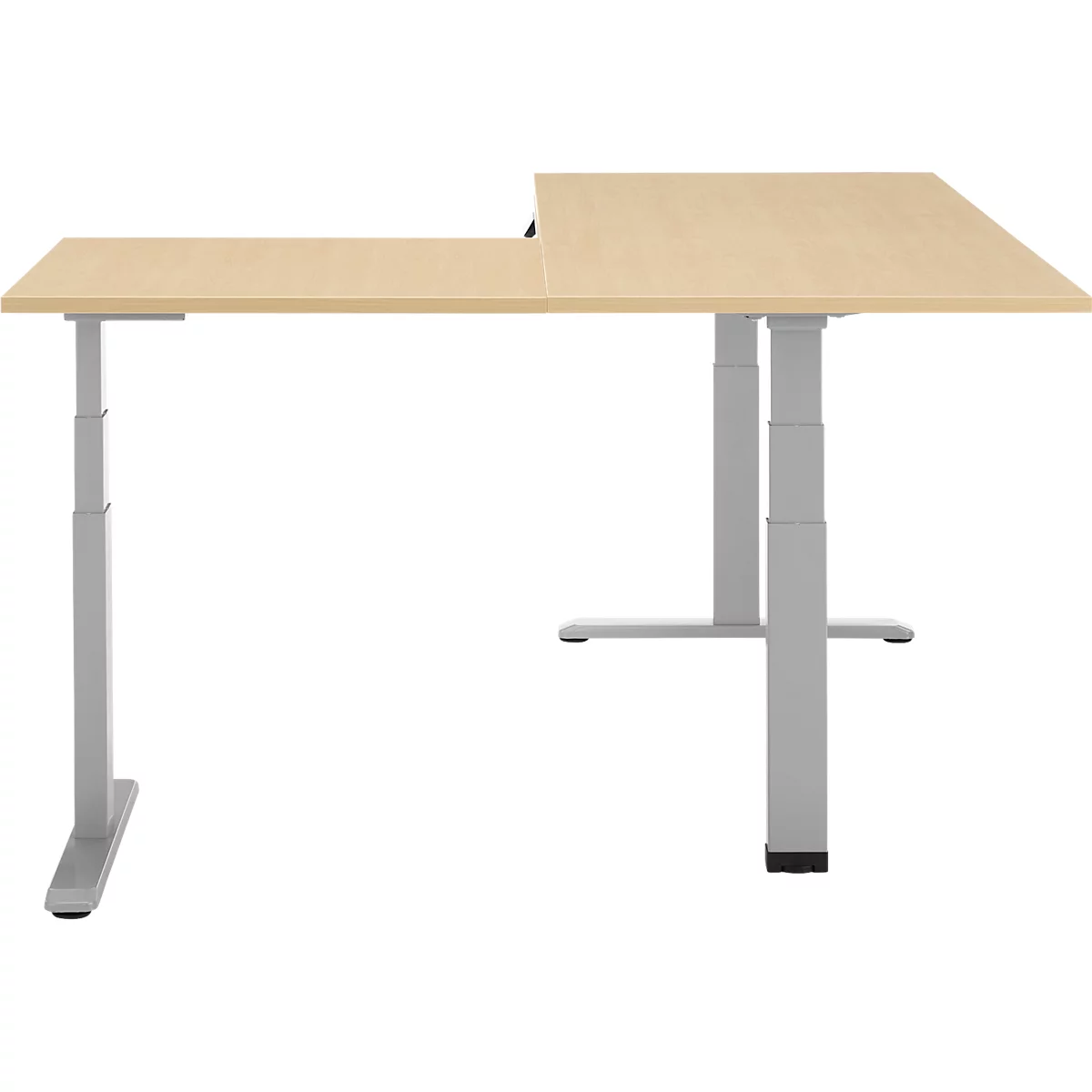 90° Winkeltisch, elektrisch höhenverstellbar, 3-Motoren-Technik, bis 150 kg, T-Fussgestell, B 2000 x T 1600 mm, inkl. Memorymaster, Ahorn