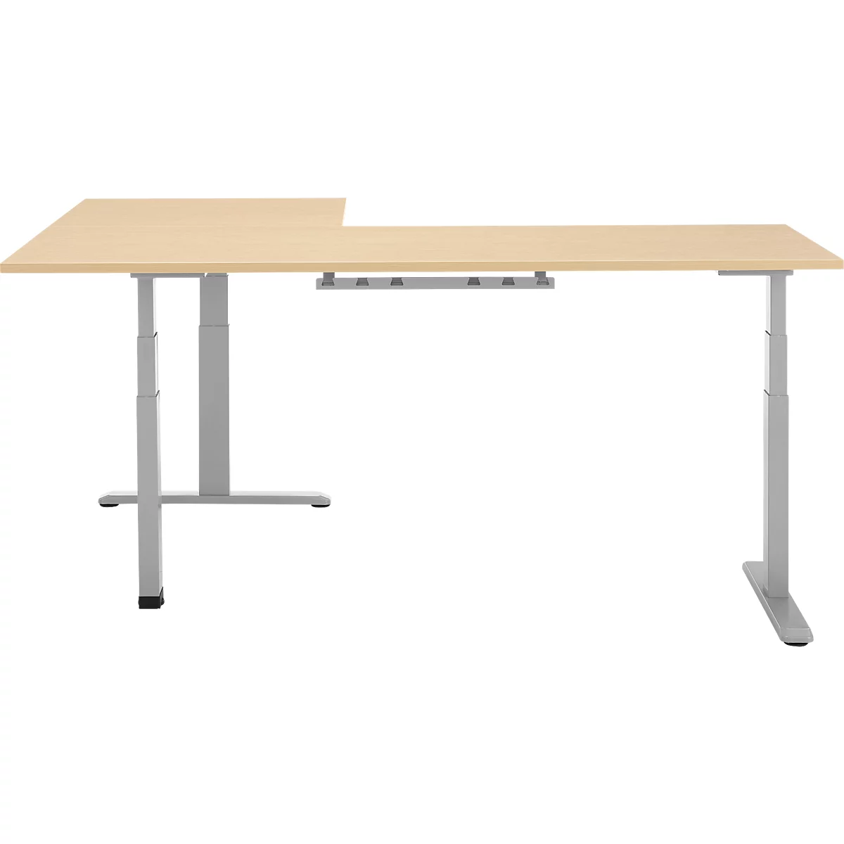 90° Winkeltisch, elektrisch höhenverstellbar, 3-Motoren-Technik, bis 150 kg, T-Fussgestell, B 2000 x T 1600 mm, inkl. Memorymaster, Ahorn