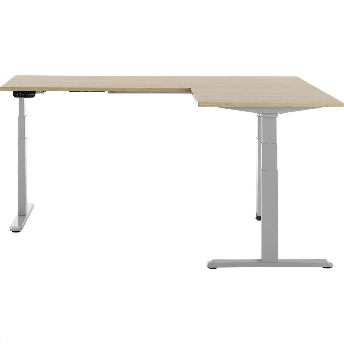 90° Winkeltisch, elektrisch höhenverstellbar, 3-Motoren-Technik, bis 150 kg, T-Fussgestell, B 2000 x T 1600 mm, inkl. Memorymaster, Eiche