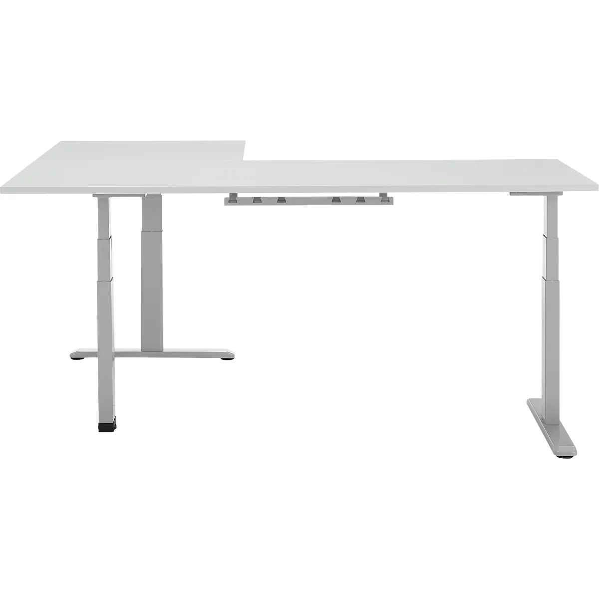 90° Winkeltisch, elektrisch höhenverstellbar, 3-Motoren-Technik, bis 150 kg, T-Fussgestell, B 2000 x T 1600 mm, inkl. Memorymaster, lichtgrau