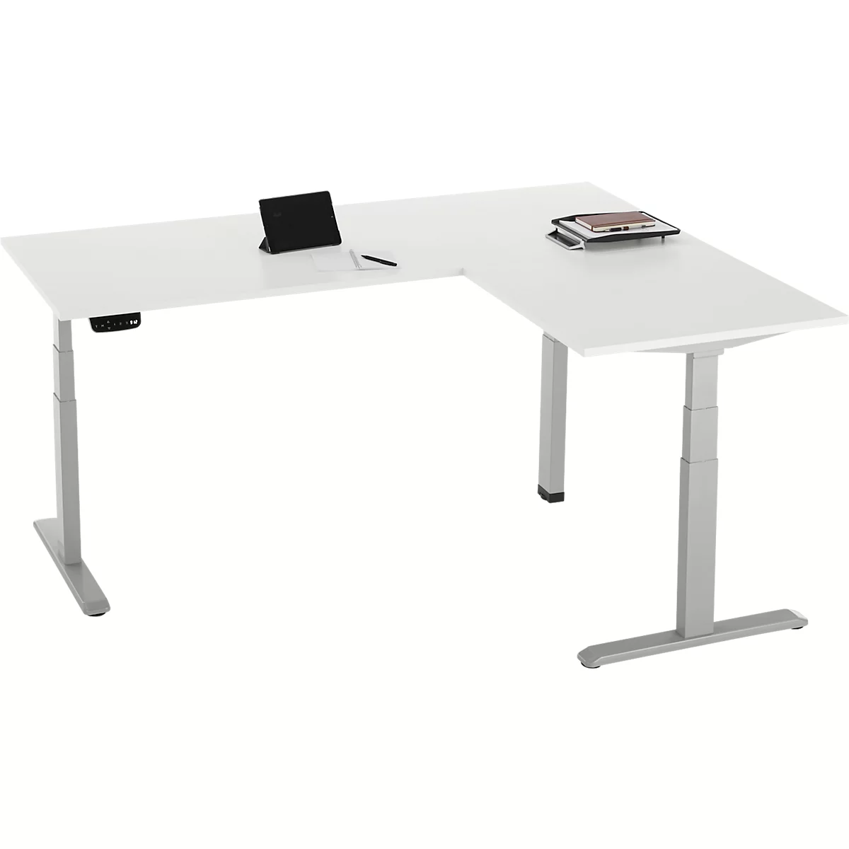 90° Winkeltisch, elektrisch höhenverstellbar, 3-Motoren-Technik, bis 150 kg, T-Fussgestell, B 2000 x T 1600 mm, inkl. Memorymaster, weiss