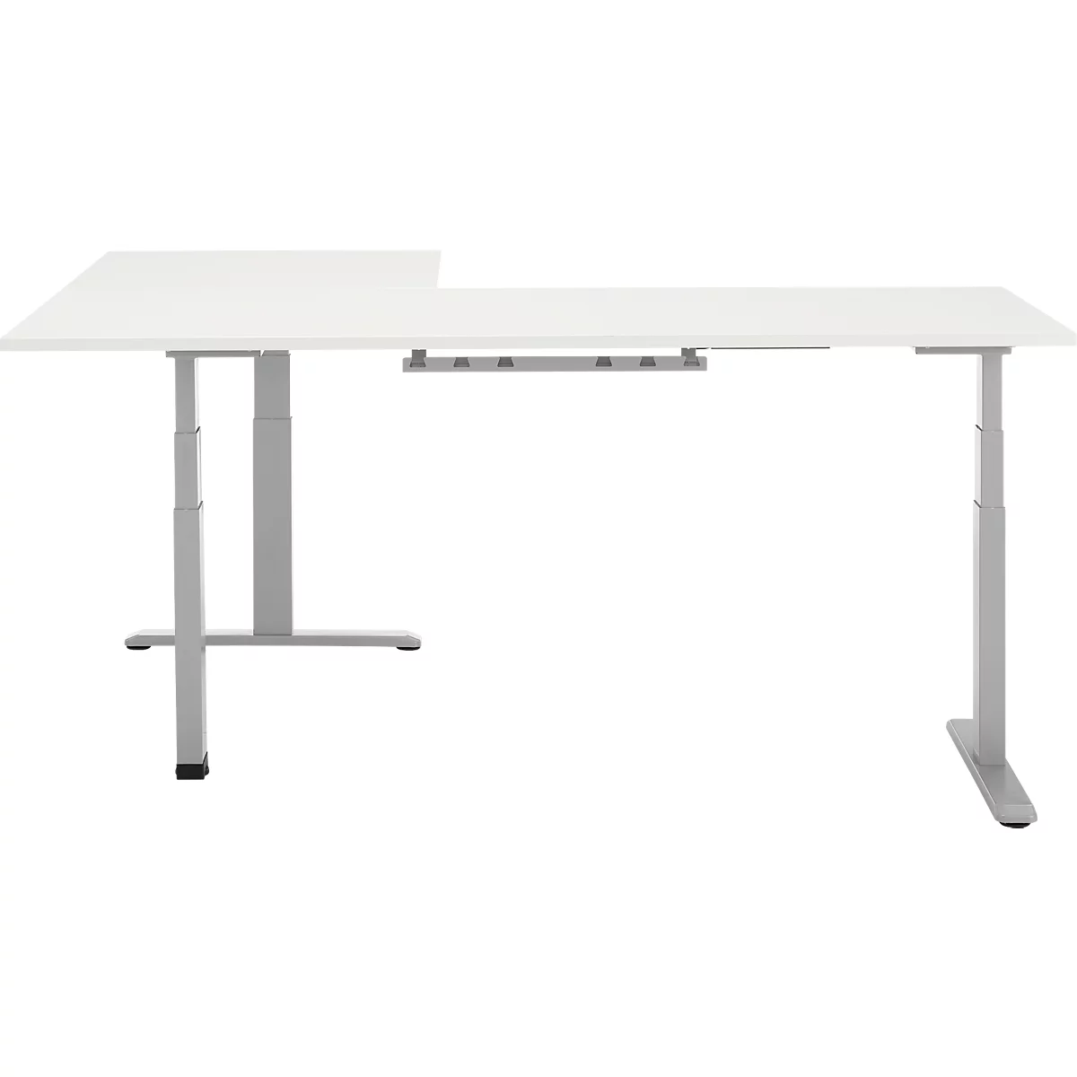 90° Winkeltisch, elektrisch höhenverstellbar, 3-Motoren-Technik, bis 150 kg, T-Fussgestell, B 2000 x T 1600 mm, inkl. Memorymaster, weiss