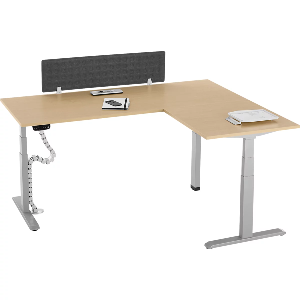 90° Winkeltisch mit Akustik-Tischtrennwand & Kabelführung, Memorymaster, elektrisch höhenverstellbar, T-Fuss, B 2000 x T 1600 mm, Ahorn-Dekor