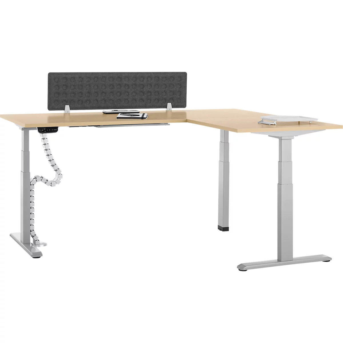 90° Winkeltisch mit Akustik-Tischtrennwand & Kabelführung, Memorymaster, elektrisch höhenverstellbar, T-Fuss, B 2000 x T 1600 mm, Ahorn-Dekor