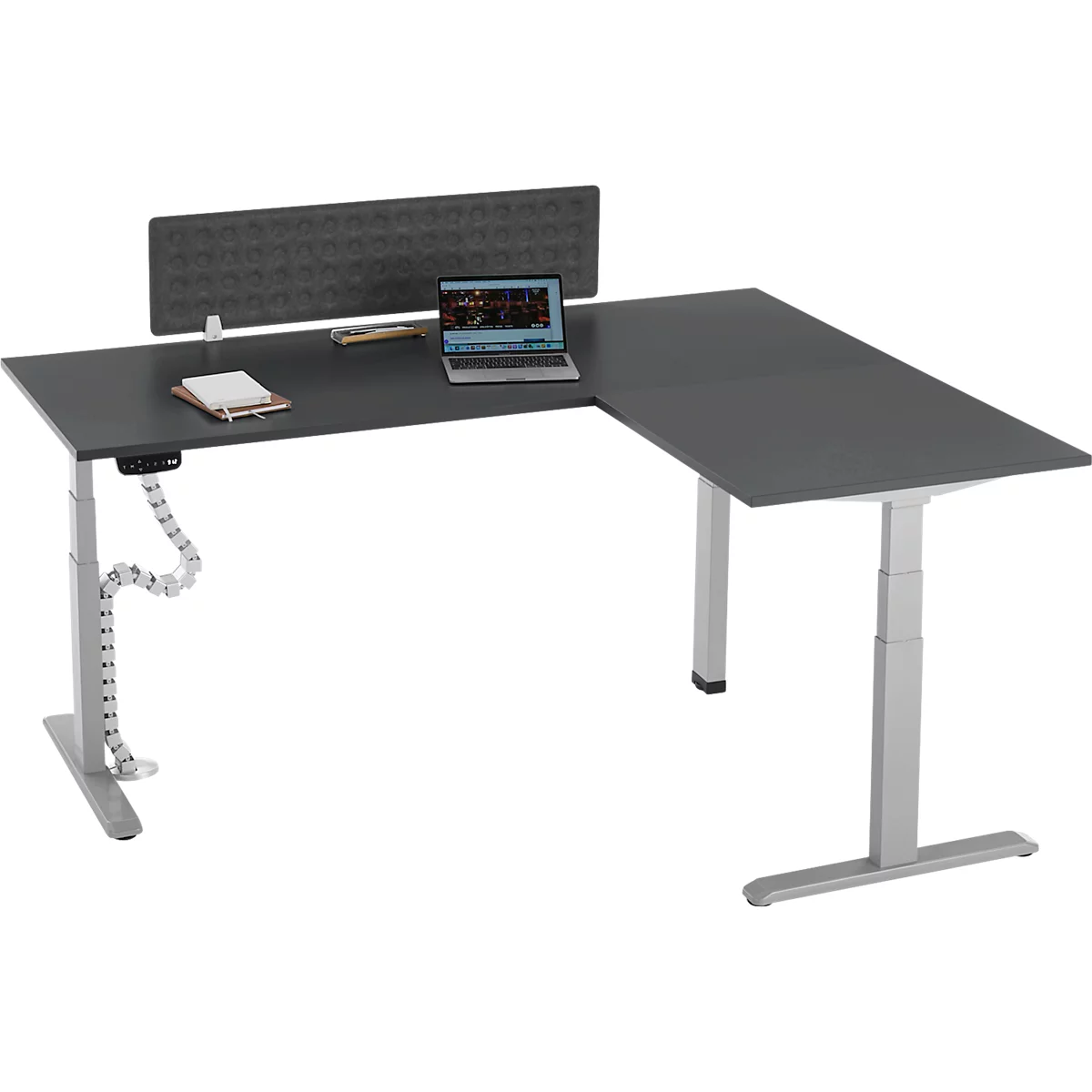 90° Winkeltisch mit Akustik-Tischtrennwand & Kabelführung, Memorymaster, elektrisch höhenverstellbar, T-Fuss, B 2000 x T 1600 mm, graphit