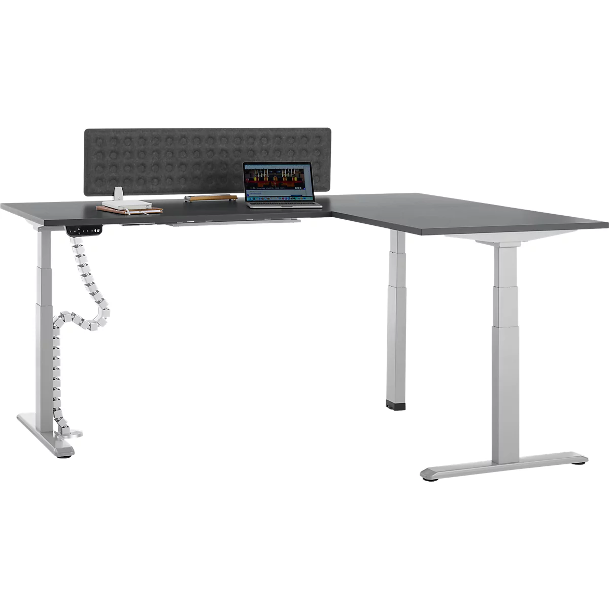 90° Winkeltisch mit Akustik-Tischtrennwand & Kabelführung, Memorymaster, elektrisch höhenverstellbar, T-Fuß, B 2000 x T 1600 mm, graphit