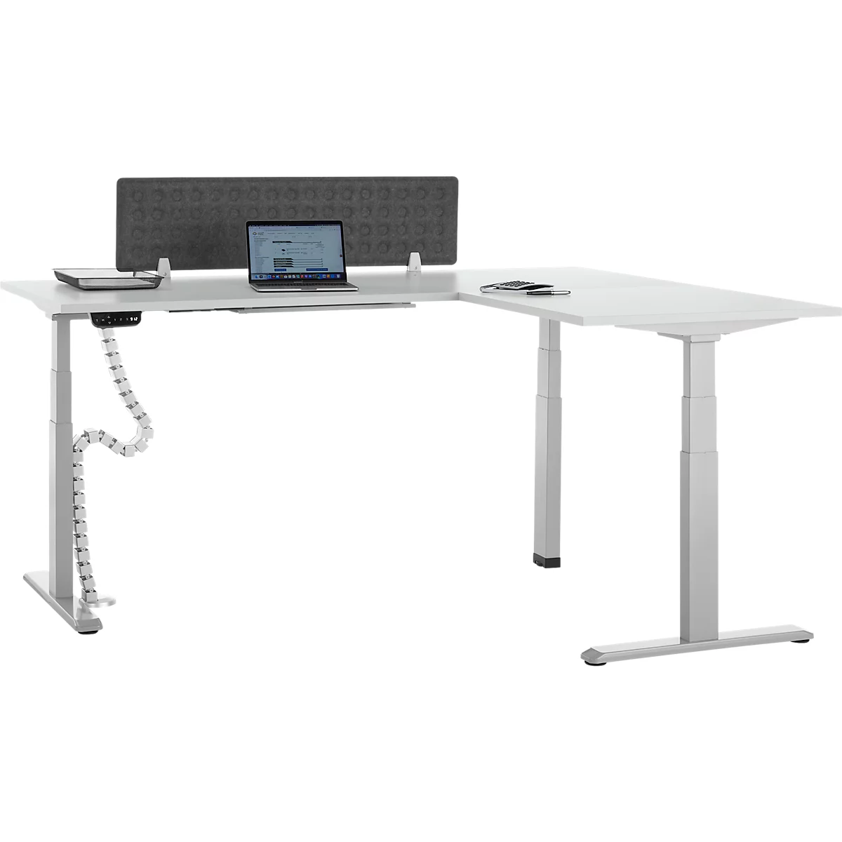 90° Winkeltisch mit Akustik-Tischtrennwand & Kabelführung, Memorymaster, elektrisch höhenverstellbar, T-Fuß, B 2000 x T 1600 mm, lichtgrau
