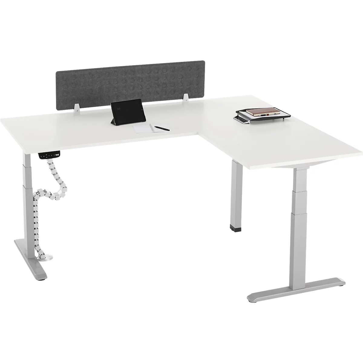 90° Winkeltisch mit Akustik-Tischtrennwand & Kabelführung, Memorymaster, elektrisch höhenverstellbar, T-Fuss, B 2000 x T 1600 mm, weiss