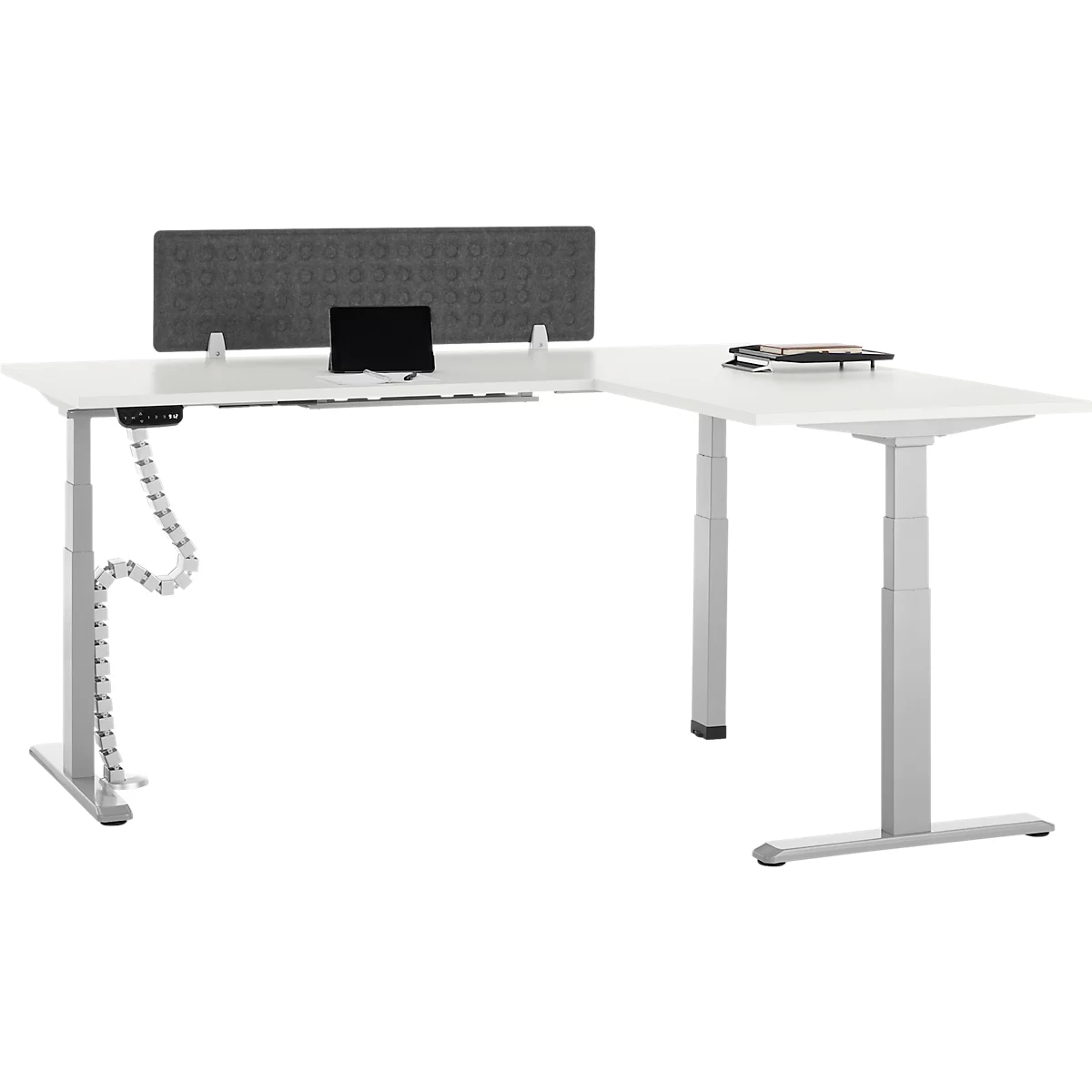 90° Winkeltisch mit Akustik-Tischtrennwand & Kabelführung, Memorymaster, elektrisch höhenverstellbar, T-Fuss, B 2000 x T 1600 mm, weiss