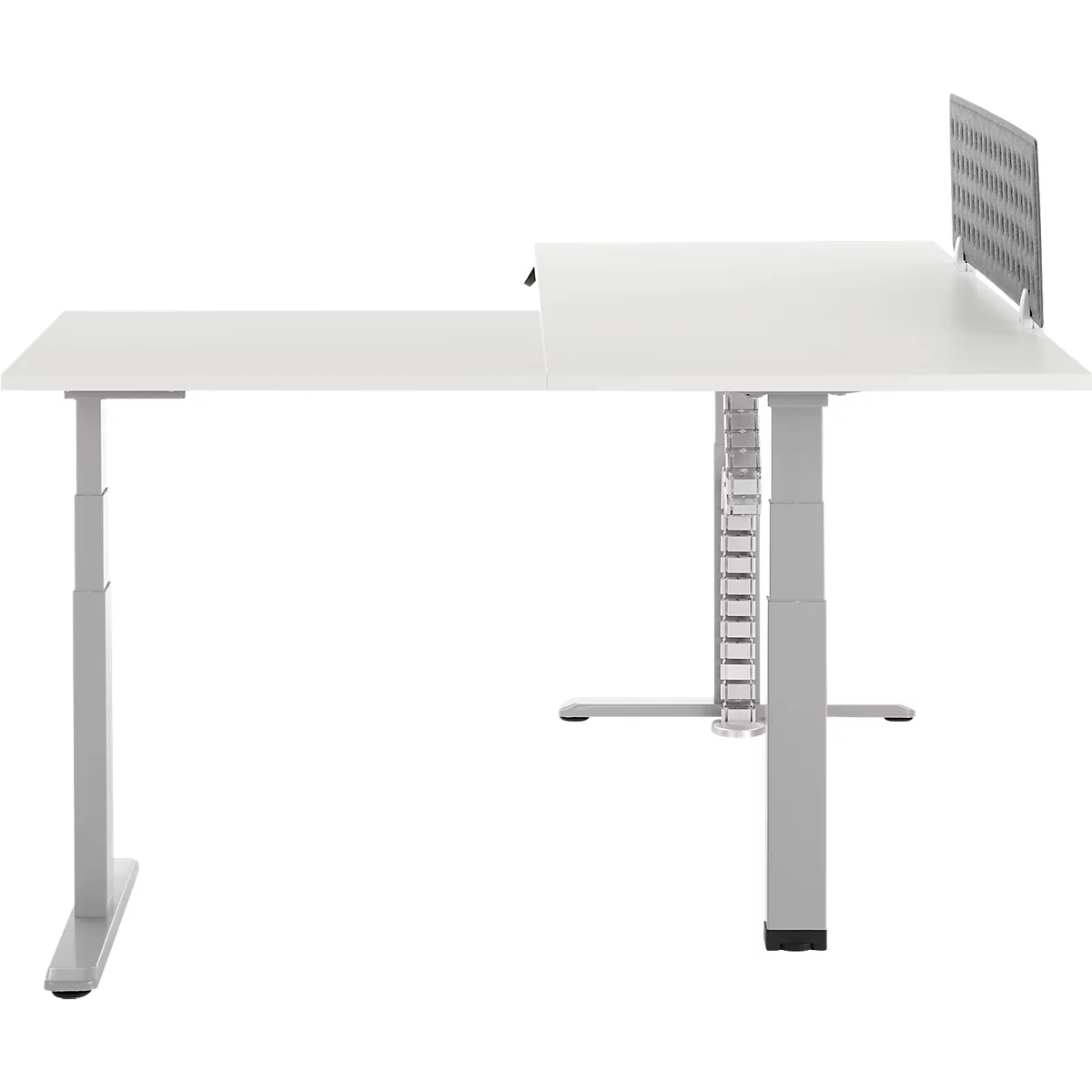 90° Winkeltisch mit Akustik-Tischtrennwand & Kabelführung, Memorymaster, elektrisch höhenverstellbar, T-Fuss, B 2000 x T 1600 mm, weiss
