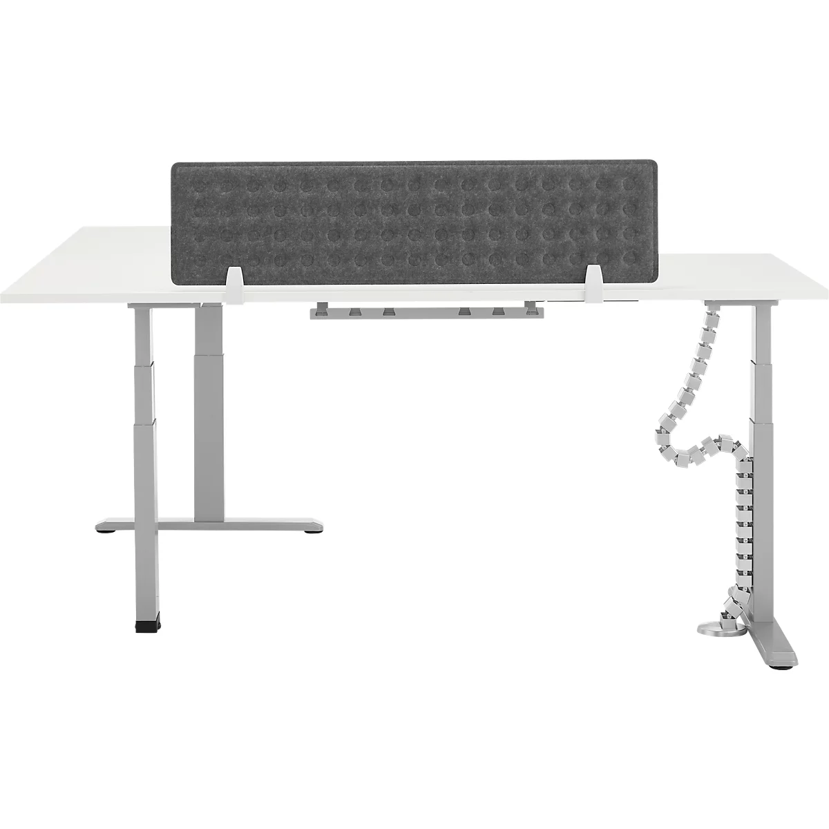 90° Winkeltisch mit Akustik-Tischtrennwand & Kabelführung, Memorymaster, elektrisch höhenverstellbar, T-Fuss, B 2000 x T 1600 mm, weiss