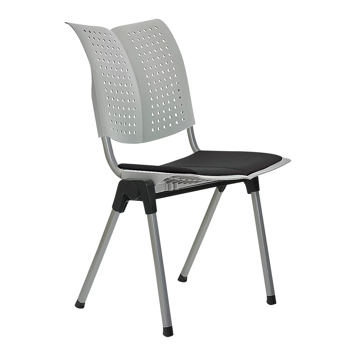 Chaise de bureau grise avec dossier perforé et coussin de siège noir.