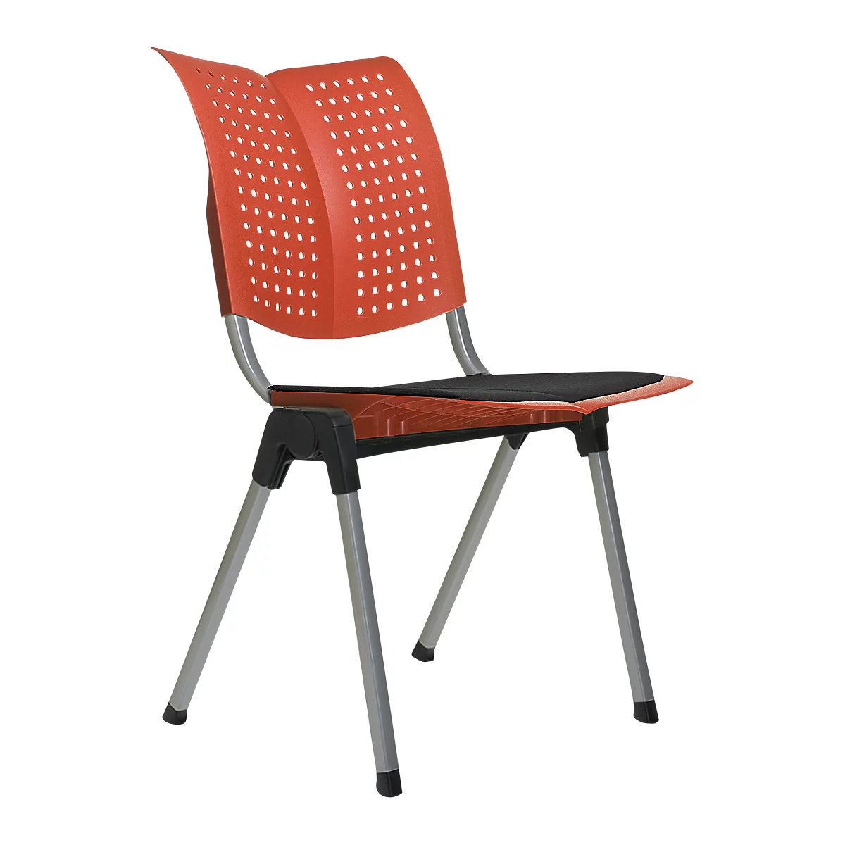 Chaise moderne avec dossier rouge, assise noire et pieds argentés. Le dossier présente de petits trous ronds.