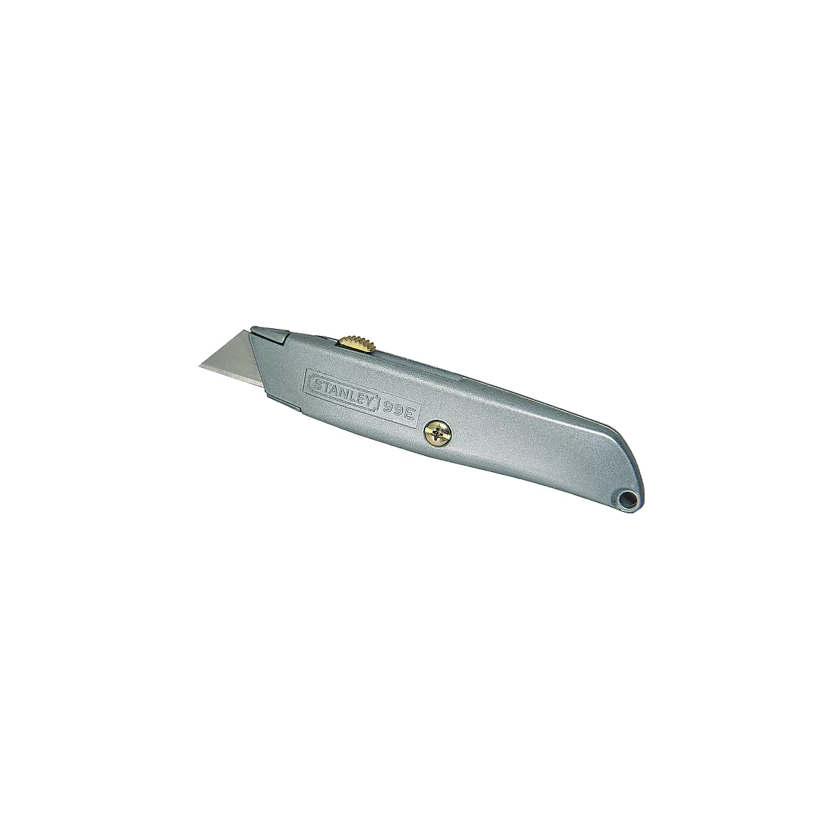 A silver STANLEY utility knife with extended blade.