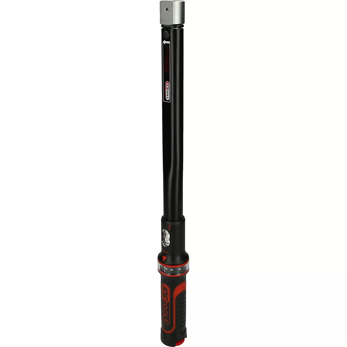 Ein zylindrisches schwarzes Objekt, das an beiden Enden durch silberne oder rote Elemente akzentuiert wird.