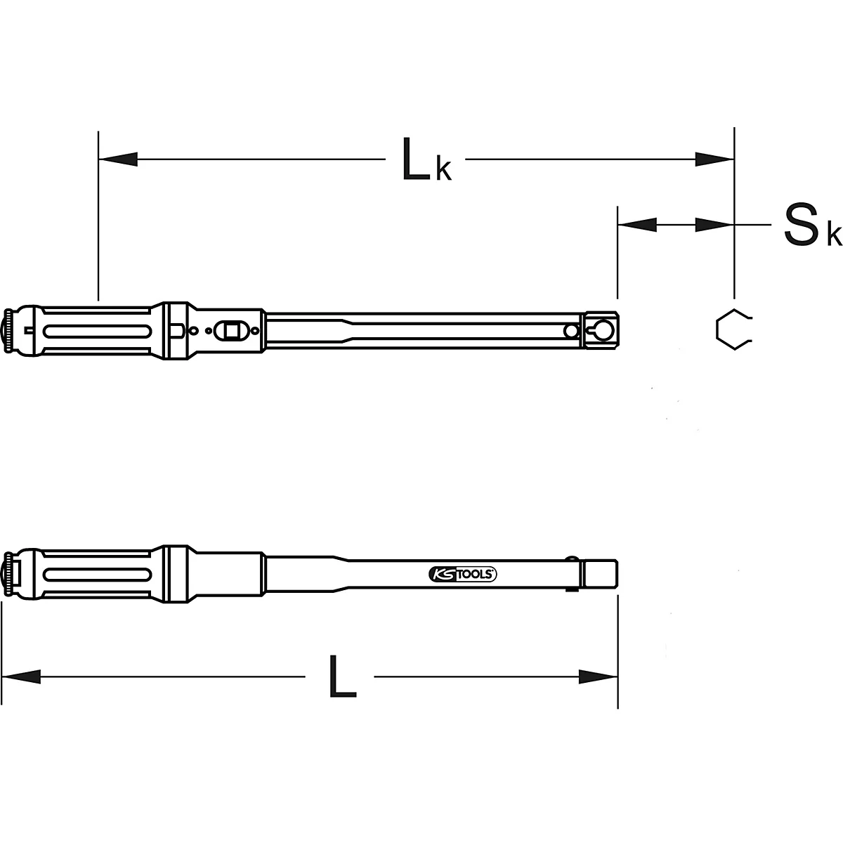 Zeichnung eines Drehmomentschlüssels mit Längenangaben und dem Logo 'KS TOOLS'.